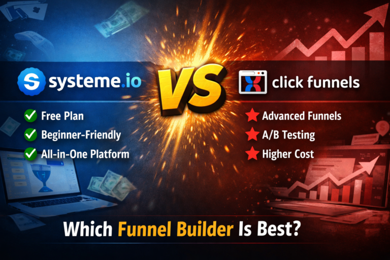 Systeme.io vs ClickFunnels comparison showing features, pricing and best funnel builder for beginners