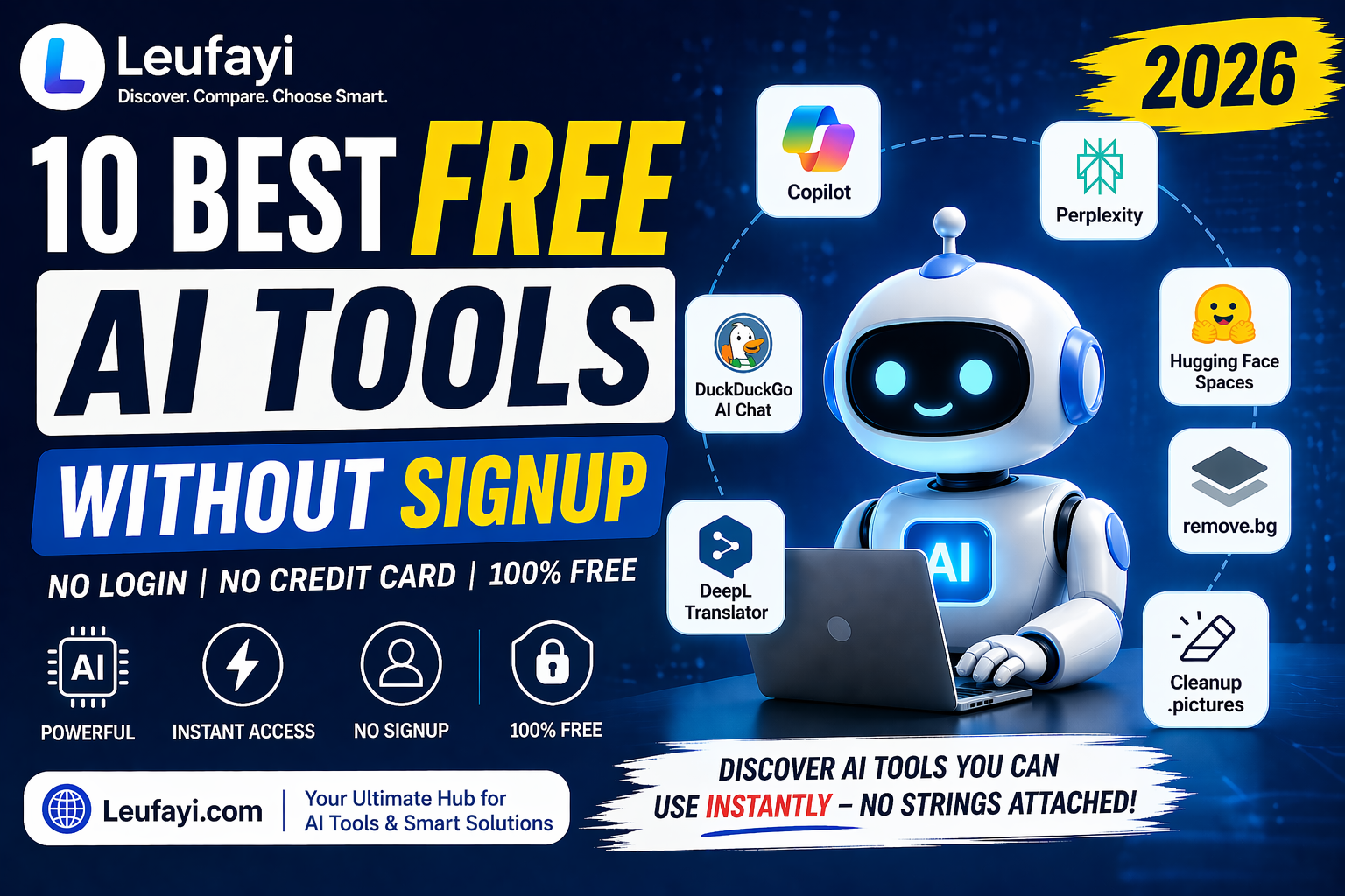 10 best free AI tools without signup in 2026 no login required tools list