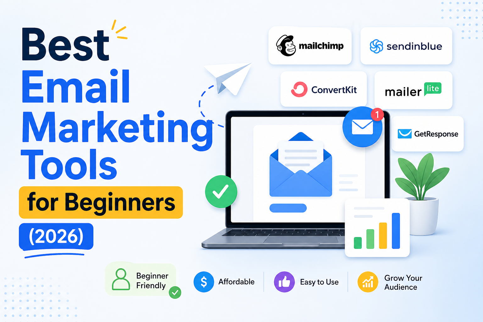 Best email marketing tools for beginners 2026 including MailerLite, Mailchimp, Brevo and ConvertKit